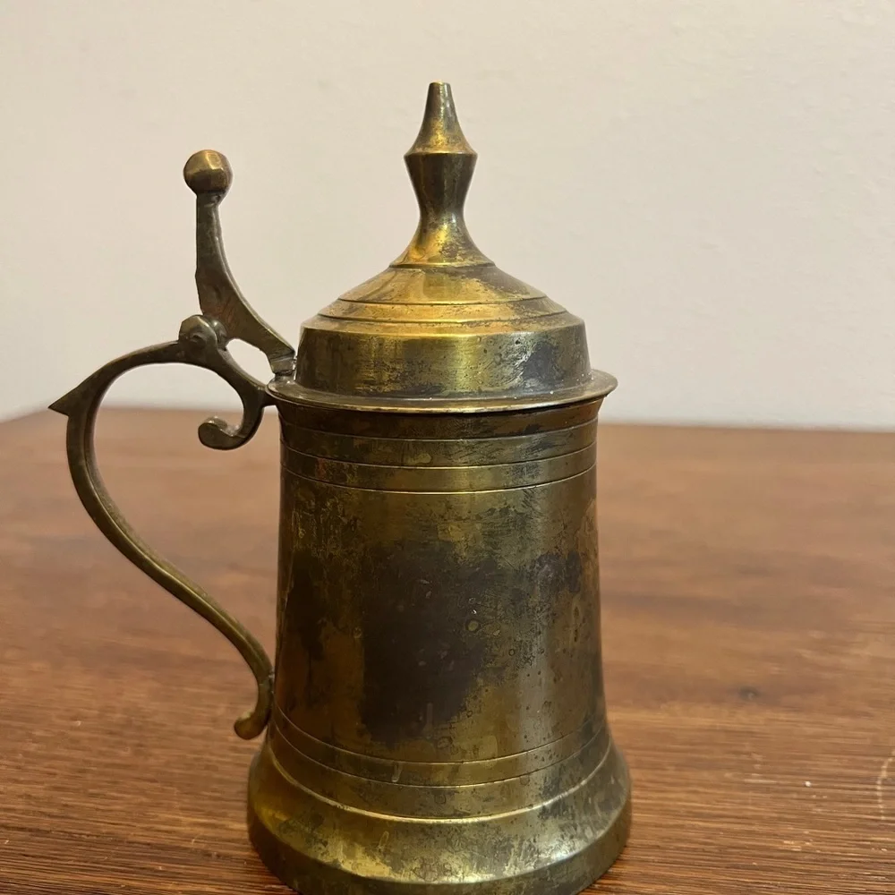 Vintage Brass Lidded Tankard Mug – Made in India – 8” Bar Décor / Collectible